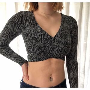 H&M Divided Women's S Black Sparkle Long Sleeve Crop Top Party Blouse